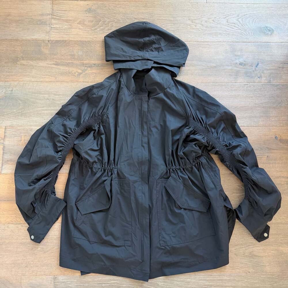 Fabletics Black Giana Ruched Rain Coat Oversized Longline Windbreaker Jacket XXS